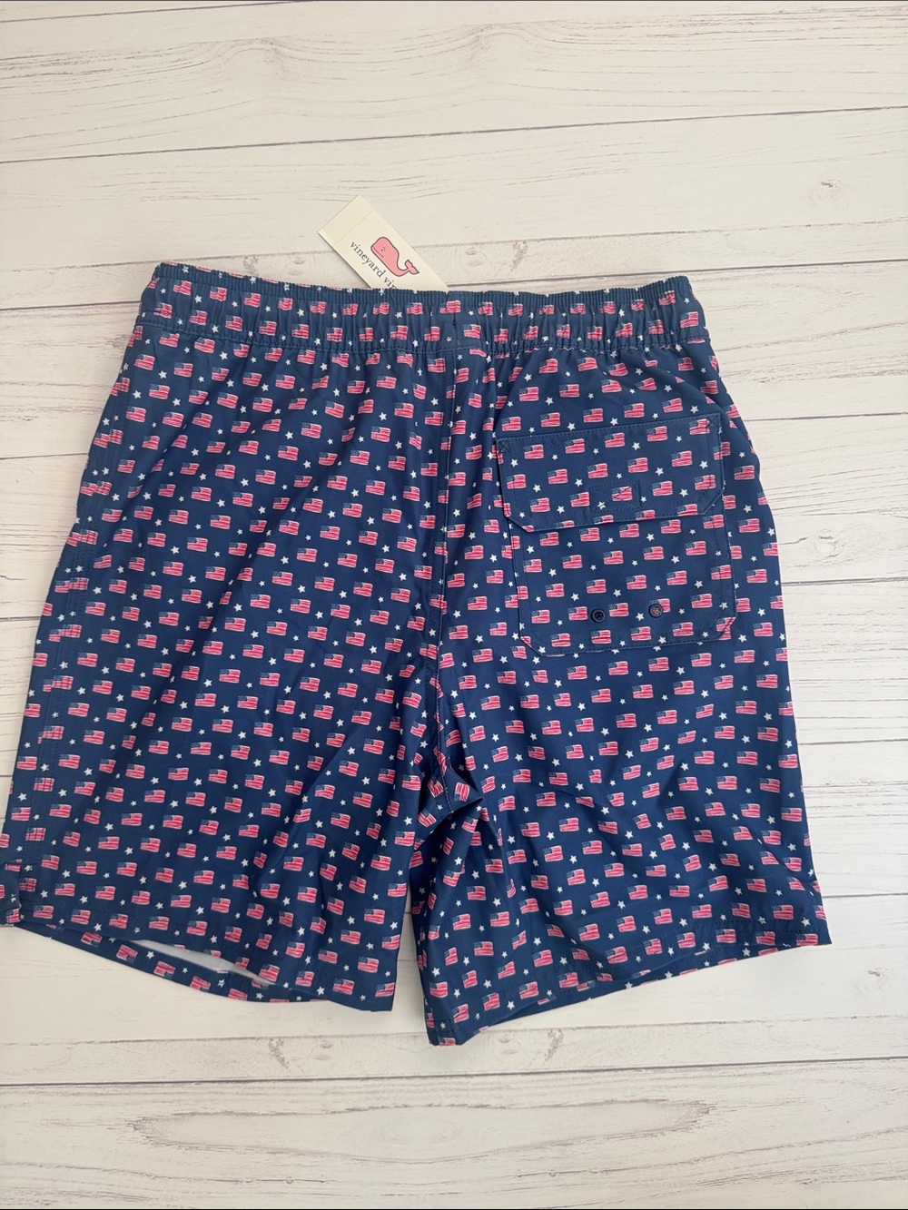 NWT Boys Vineyard Vines Navy Swim Trunks with Red and White Flag Print - Picture 6 of 6